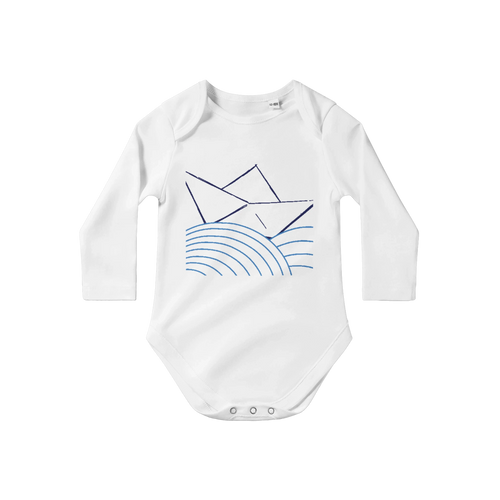 White long-sleeve baby cotton bodysuit with blue geometric rain graphic