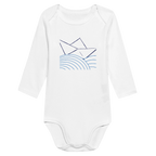White long-sleeve baby cotton bodysuit with blue geometric rain graphic