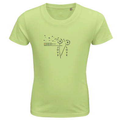 Kids organic T-shirt in apple green with “Love” print and heart graphic