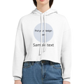 White women's cropped pullover hoodie with hood drawstring and front pouch pocket.