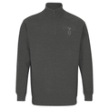 Unisex quarter-zip sweatshirt in grey melange with small chest Love graphic, long sleeves.
