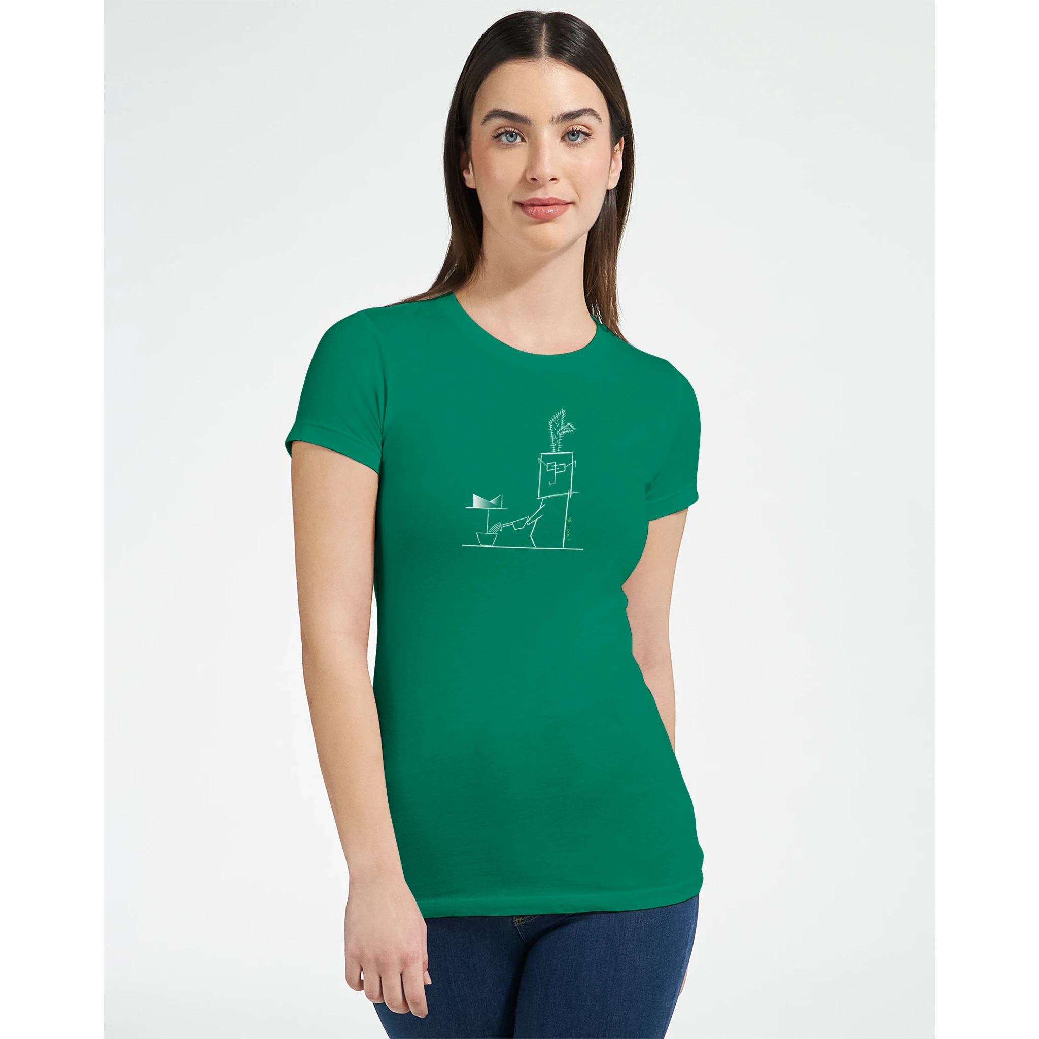 Women's crewneck t-shirt, green with cactus line graphic