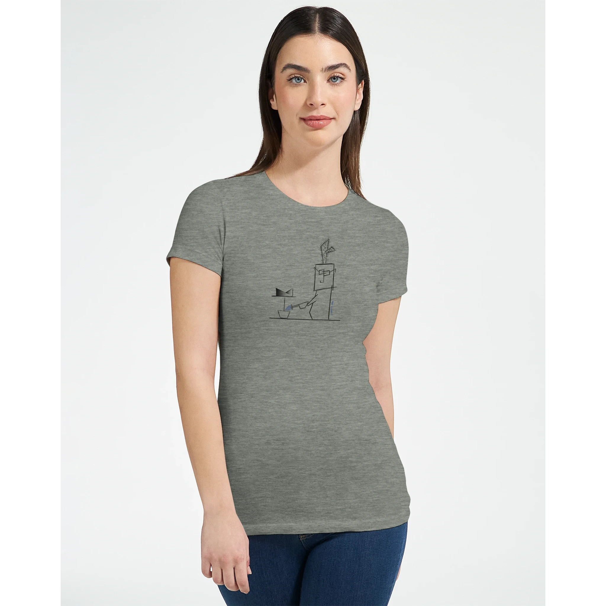 Women's crewneck t-shirt, gray with cactus line graphic