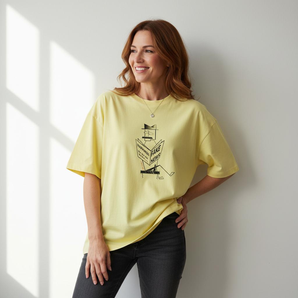 Model wearing yellow women’s oversized organic cotton t-shirt with Mr. Look graphic by RenLook.