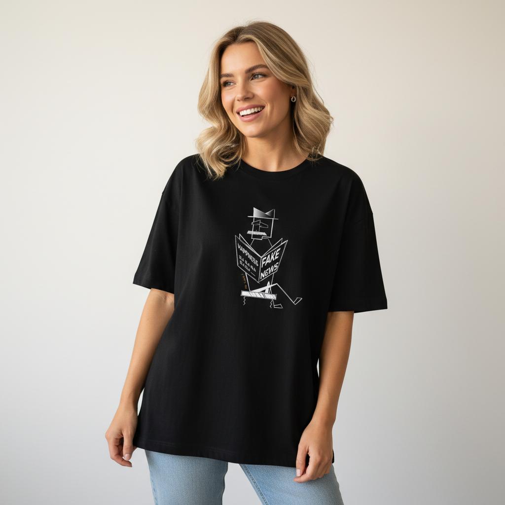 Model wearing women’s oversized organic cotton t-shirt with Mr. Look graphic by RenLook
