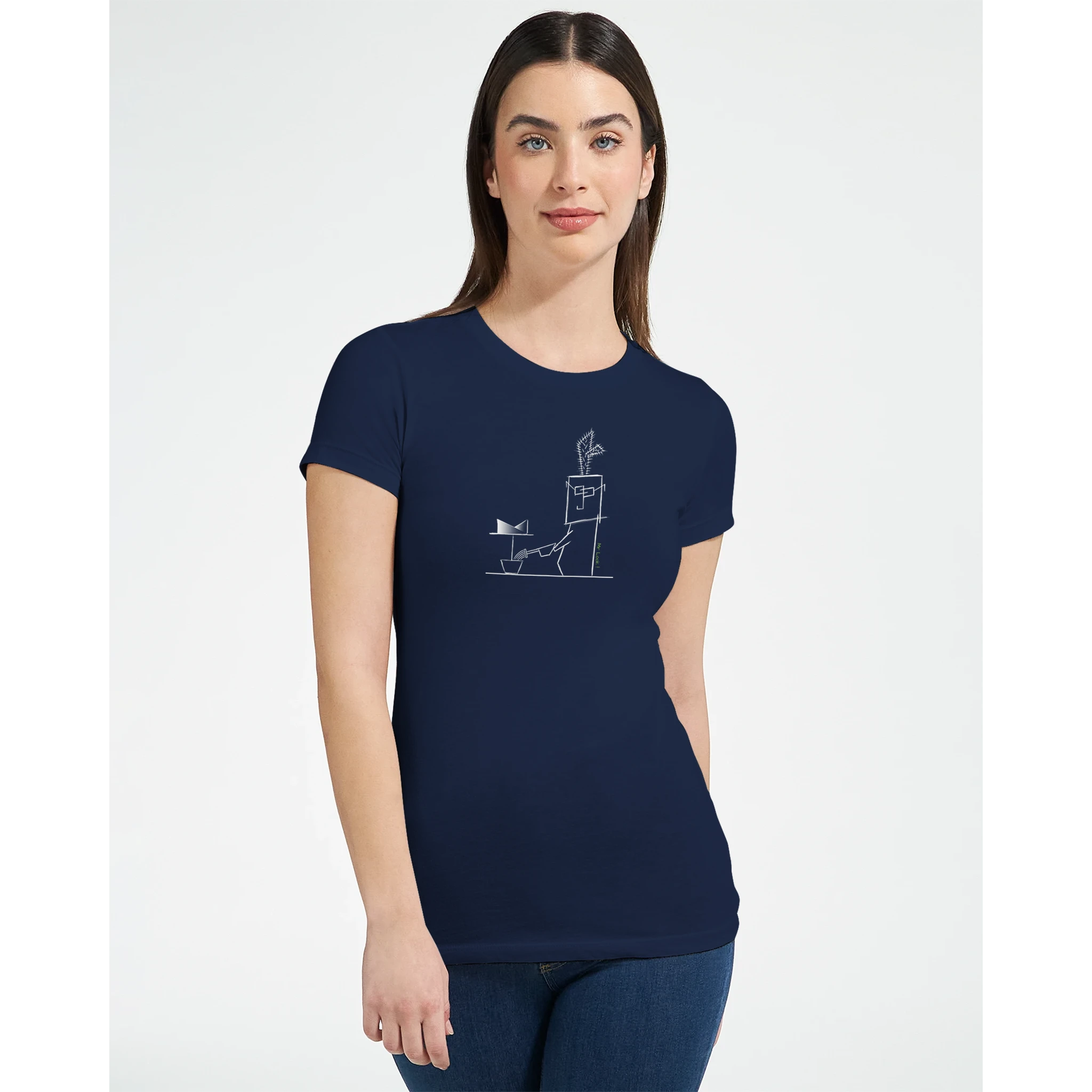 Women's crewneck t-shirt, navy with cactus line graphic