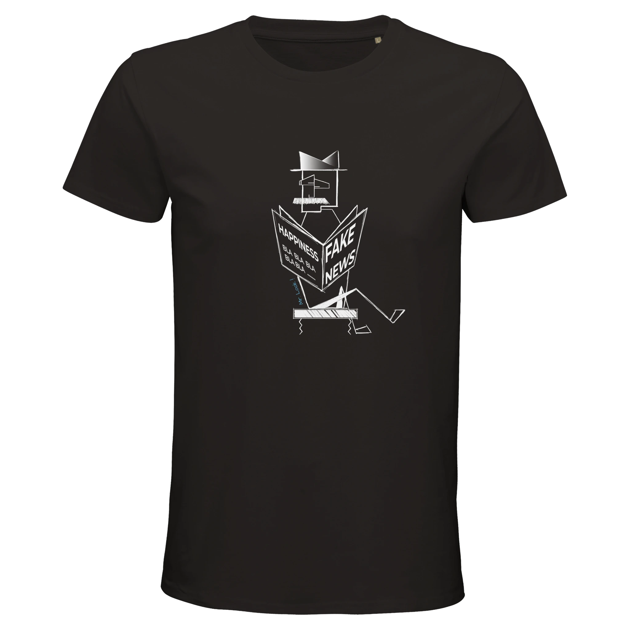 Organic Unisex black t-shirt with minimalist Mr. Look line art illustration – RenLook graphic tee