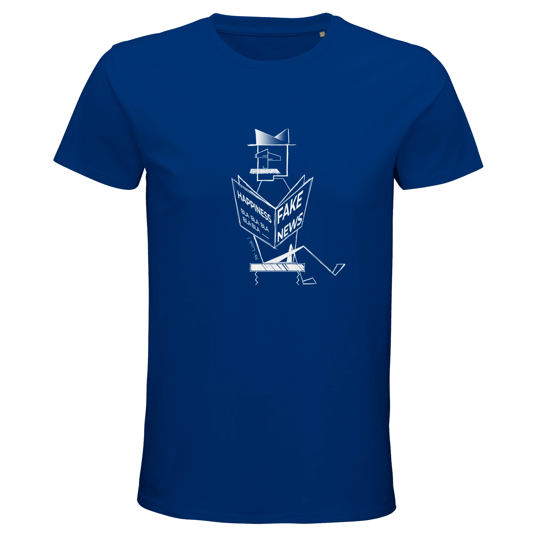 Organic Unisex royal blue t-shirt with minimalist Mr. Look line art illustration – RenLook graphic tee