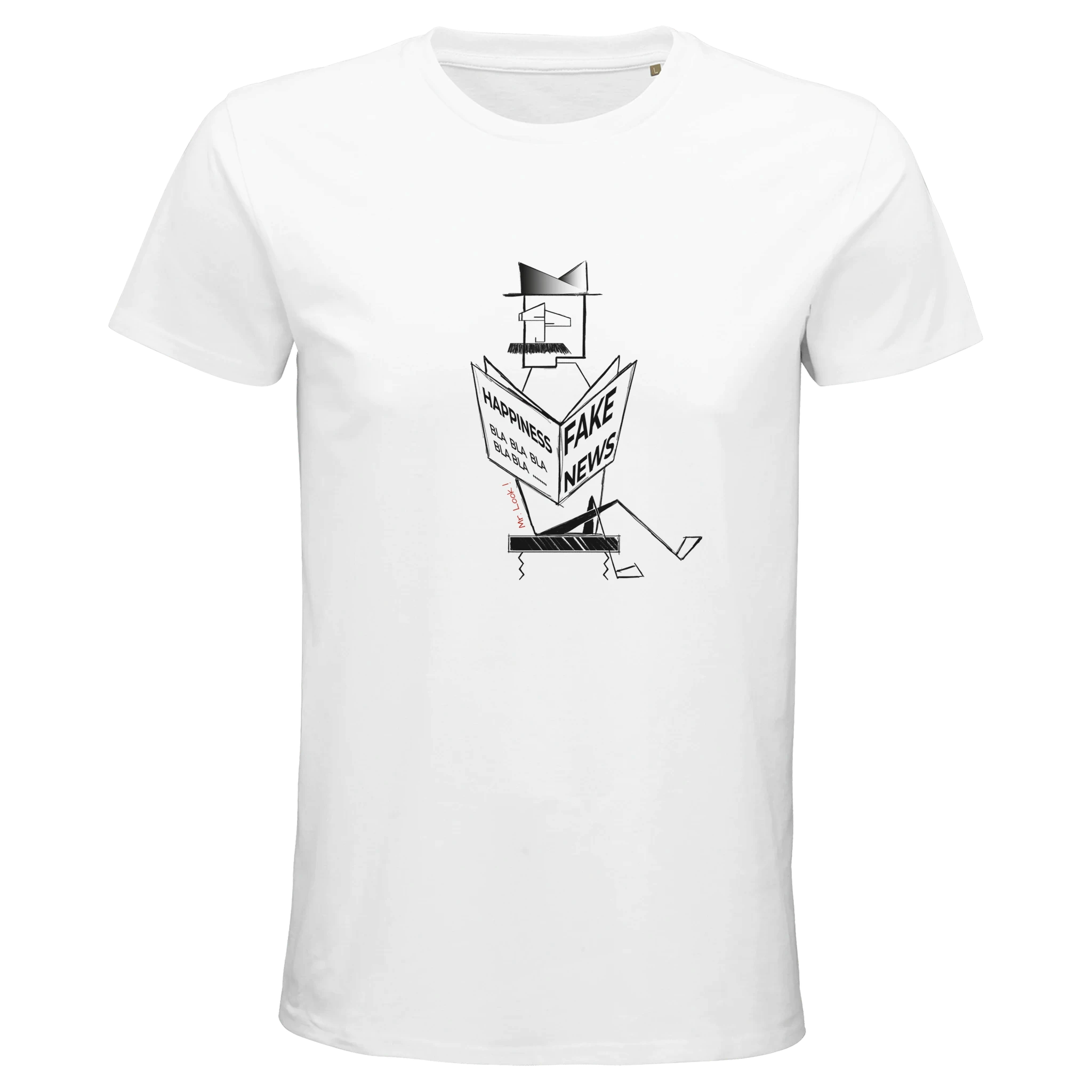 Organic Unisex white t-shirt with minimalist Mr. Look line art illustration – RenLook graphic tee