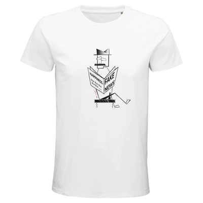 White organic unisex T-shirt with Fake News graphic print on front.