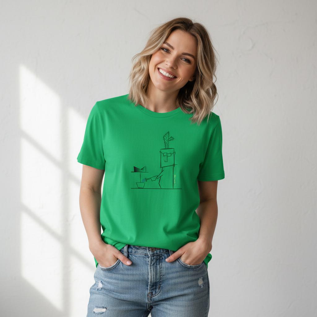 Unisex oversized green t-shirt with minimalist Mr. Look line art illustration – RenLook graphic tee