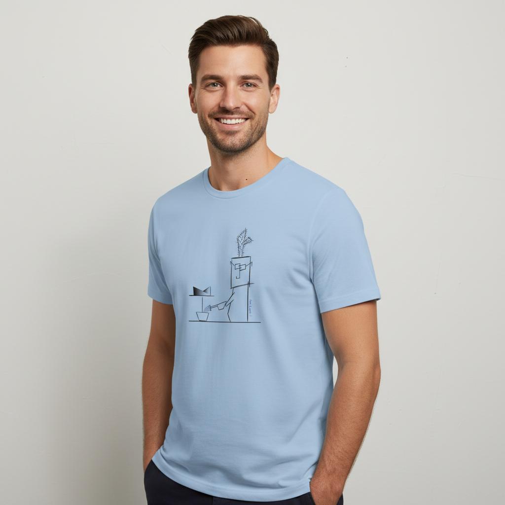 Unisex oversized light blue t-shirt with minimalist Mr. Look line art illustration – RenLook graphic tee
