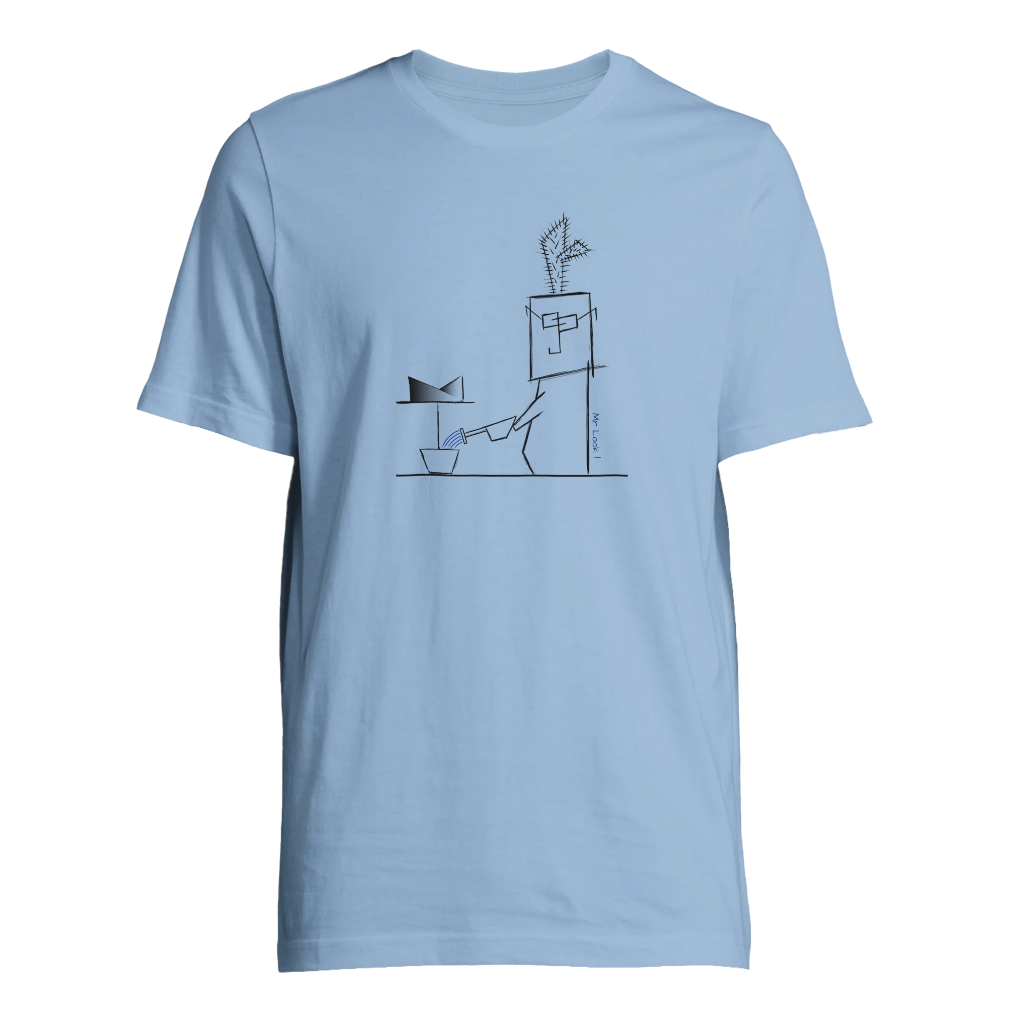 Unisex oversized light blue t-shirt with minimalist Mr. Look line art illustration – RenLook graphic tee