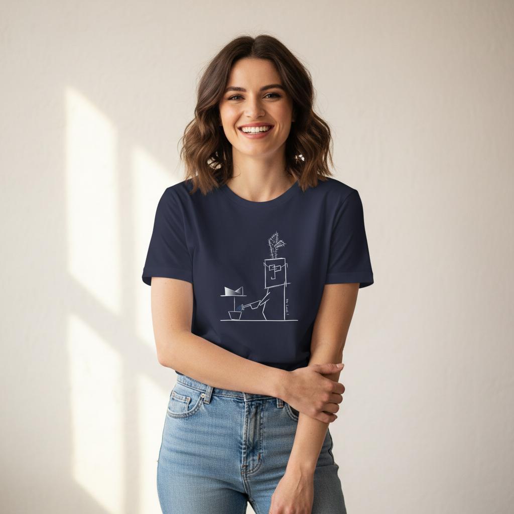 Unisex oversized navy t-shirt with minimalist Mr. Look line art illustration – RenLook graphic tee