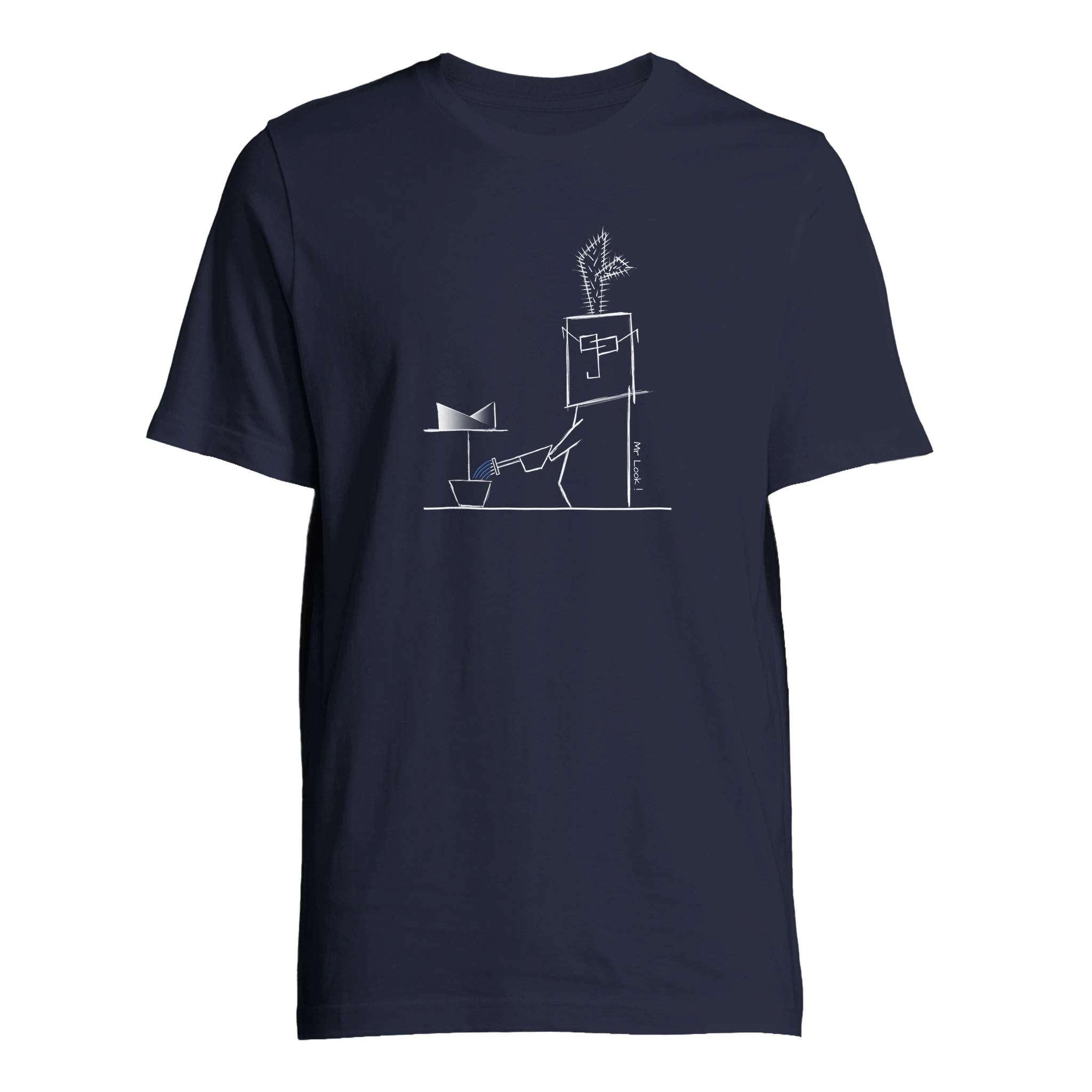 Unisex oversized white t-shirt with minimalist Mr. Look line art illustration – RenLook graphic tee