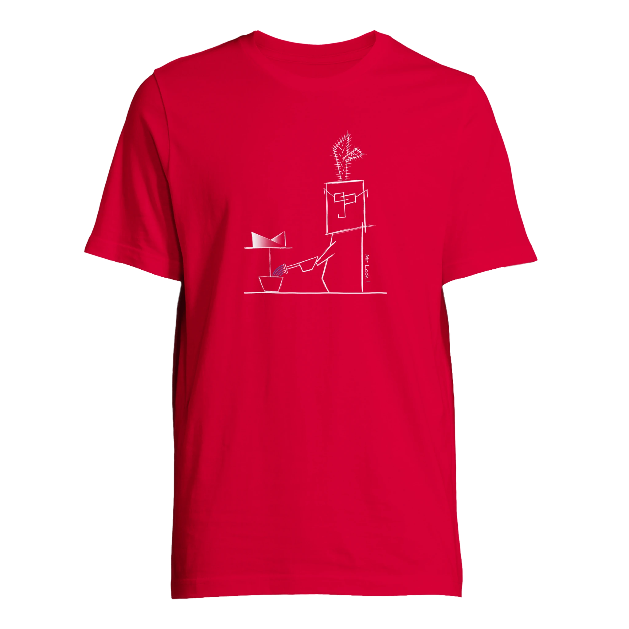 Unisex oversized red t-shirt with minimalist Mr. Look line art illustration – RenLook graphic tee
