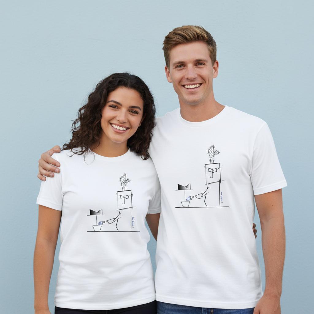 Unisex oversized white t-shirt with minimalist Mr. Look line art illustration – RenLook graphic tee