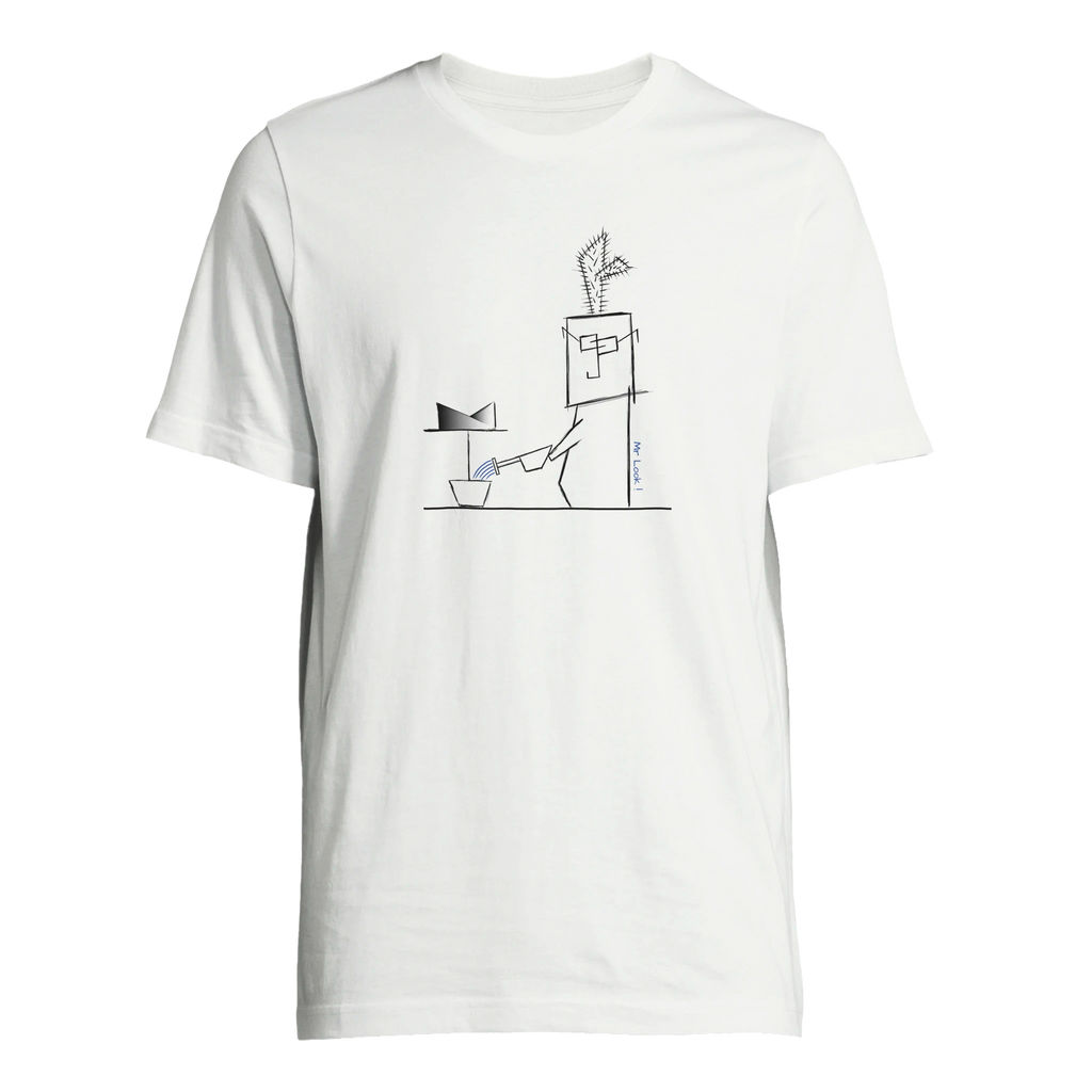 Unisex oversized white t-shirt with minimalist Mr. Look line art illustration – RenLook graphic tee
