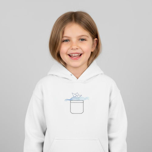 Kids pullover hoodie, white with chest graphic and front kangaroo pocket.