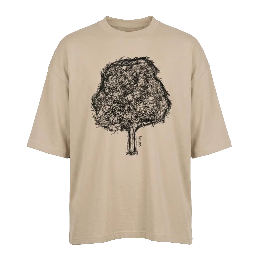 Men's oversized sand T-shirt with black tree graphic on front