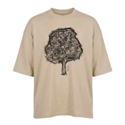 Men's oversized sand T-shirt with black tree graphic on front