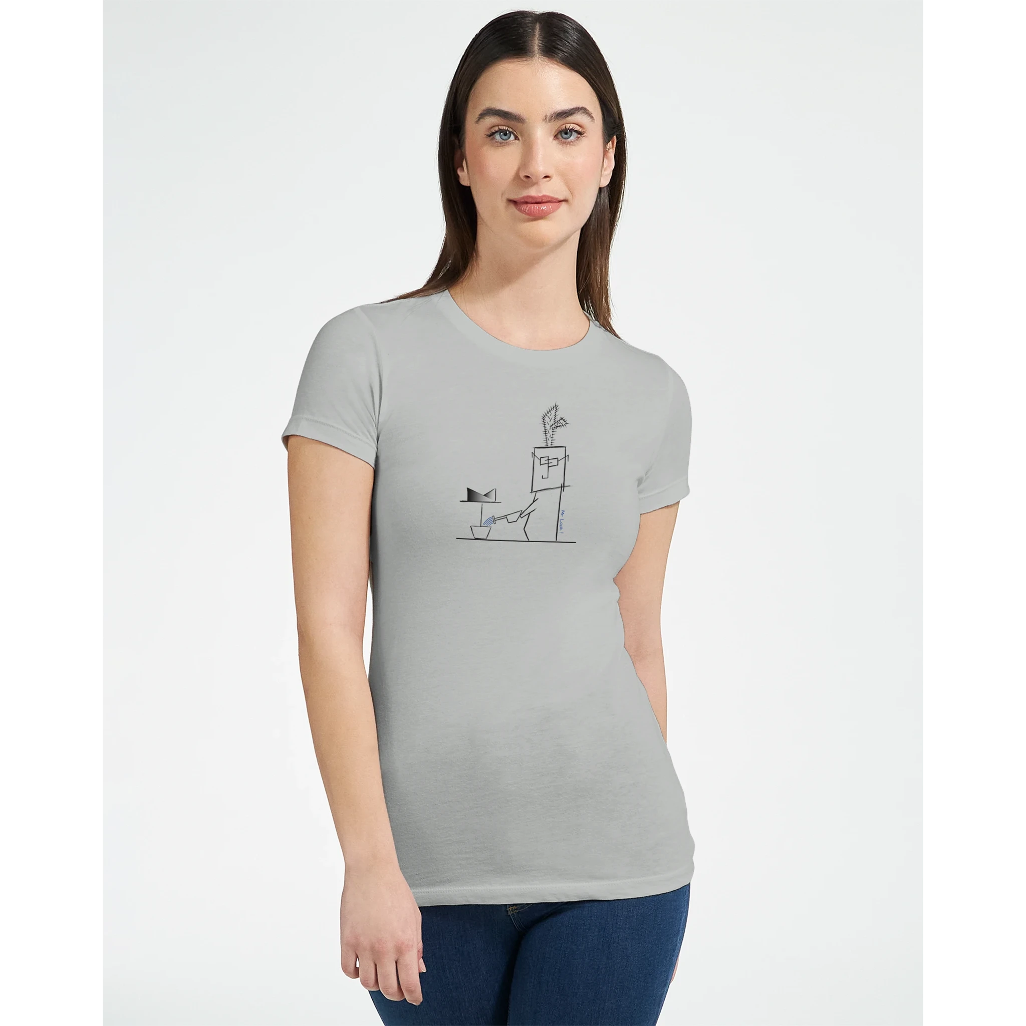 Women's crewneck t-shirt, light gray with cactus line graphic