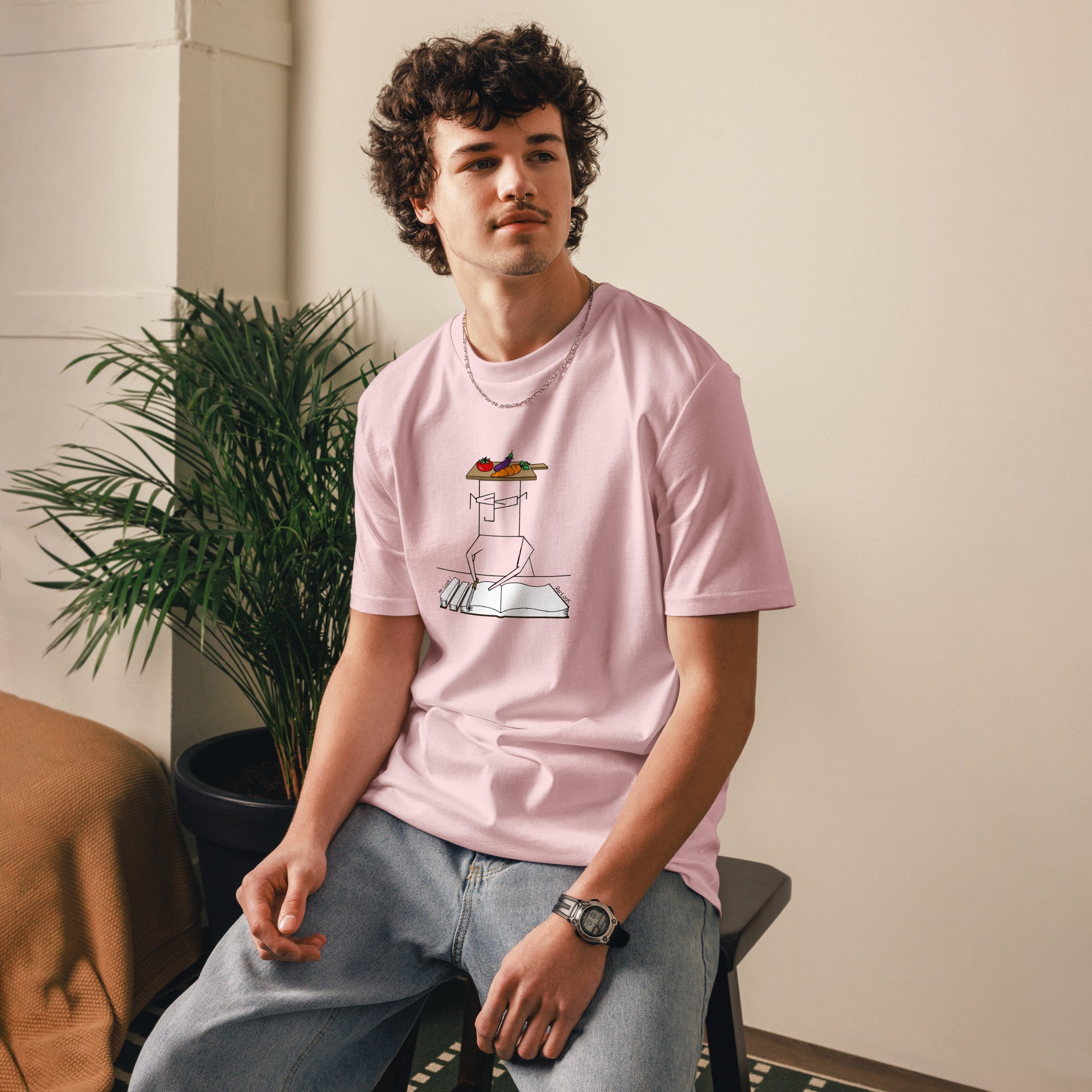 Unisex organic cotton t-shirt, medium pink, salad graphic on chest