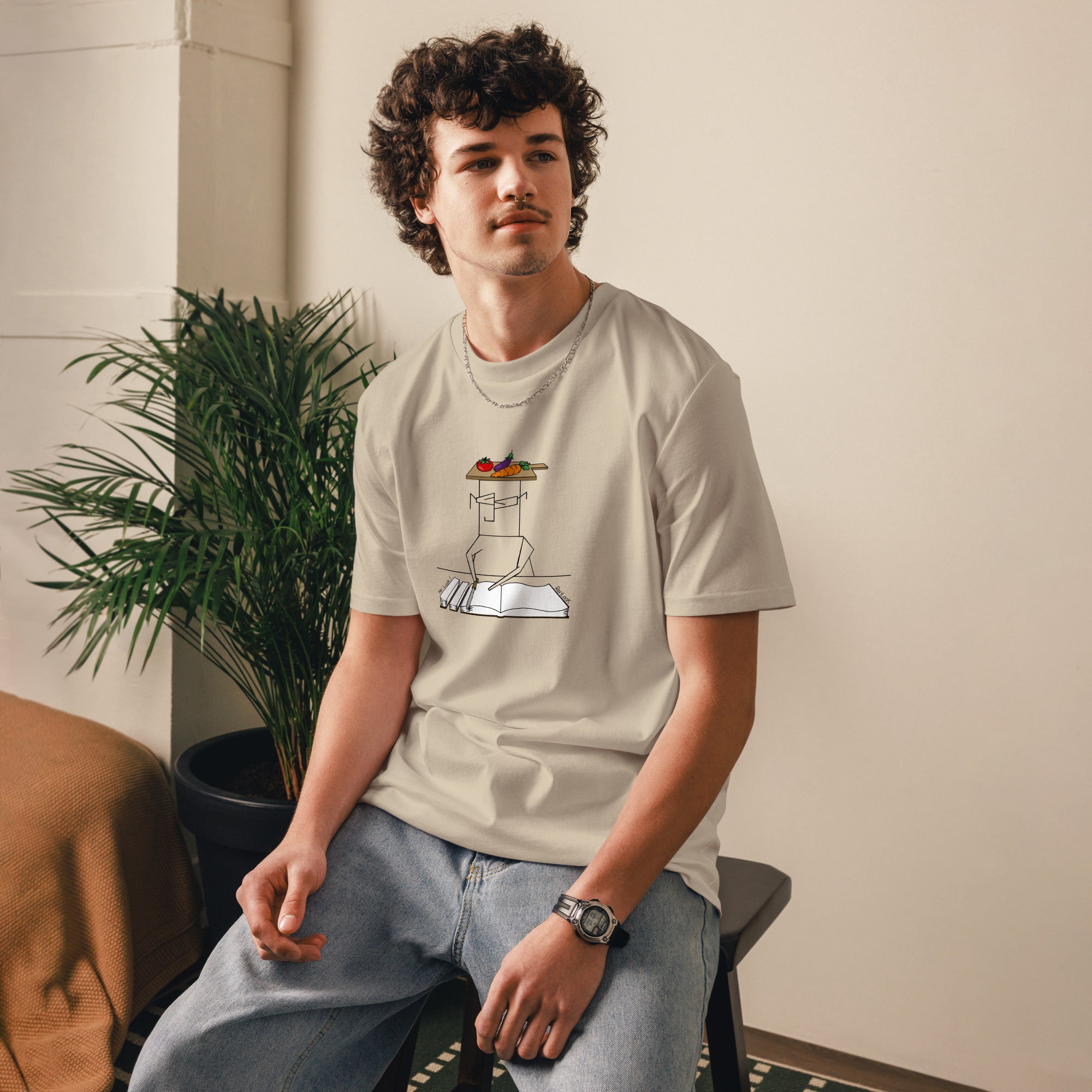 Unisex organic cotton t-shirt, light beige, chest graphic with salad