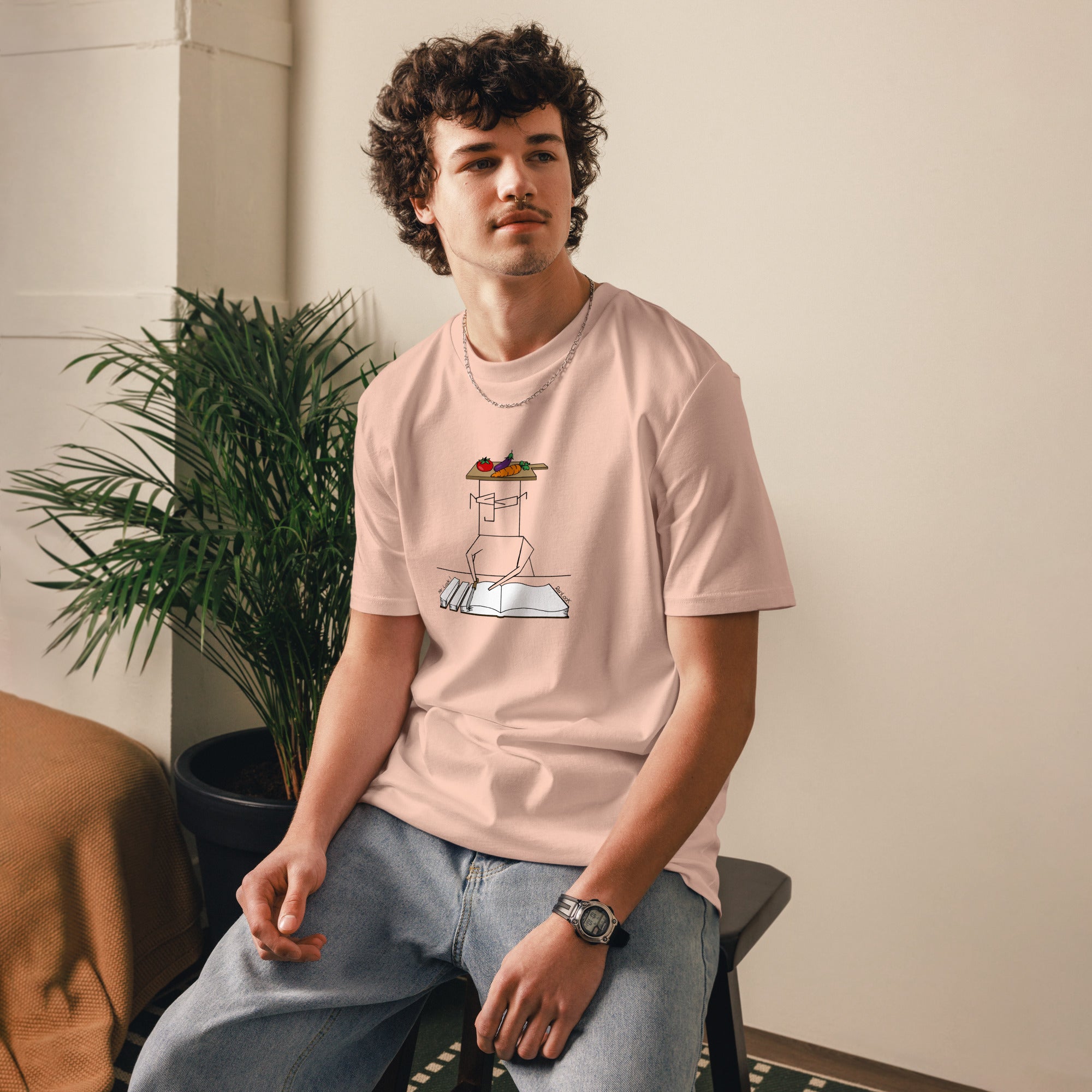 Unisex organic cotton t-shirt, pale pink, salad graphic centered on front