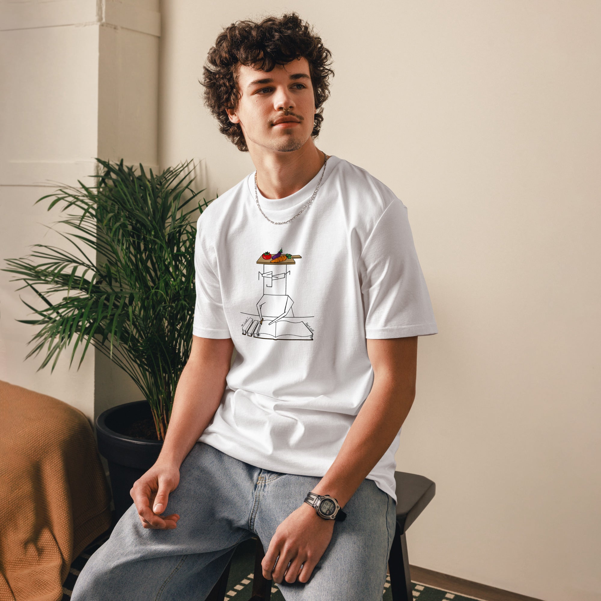 Unisex organic cotton t-shirt, white, salad graphic on chest with crew neck