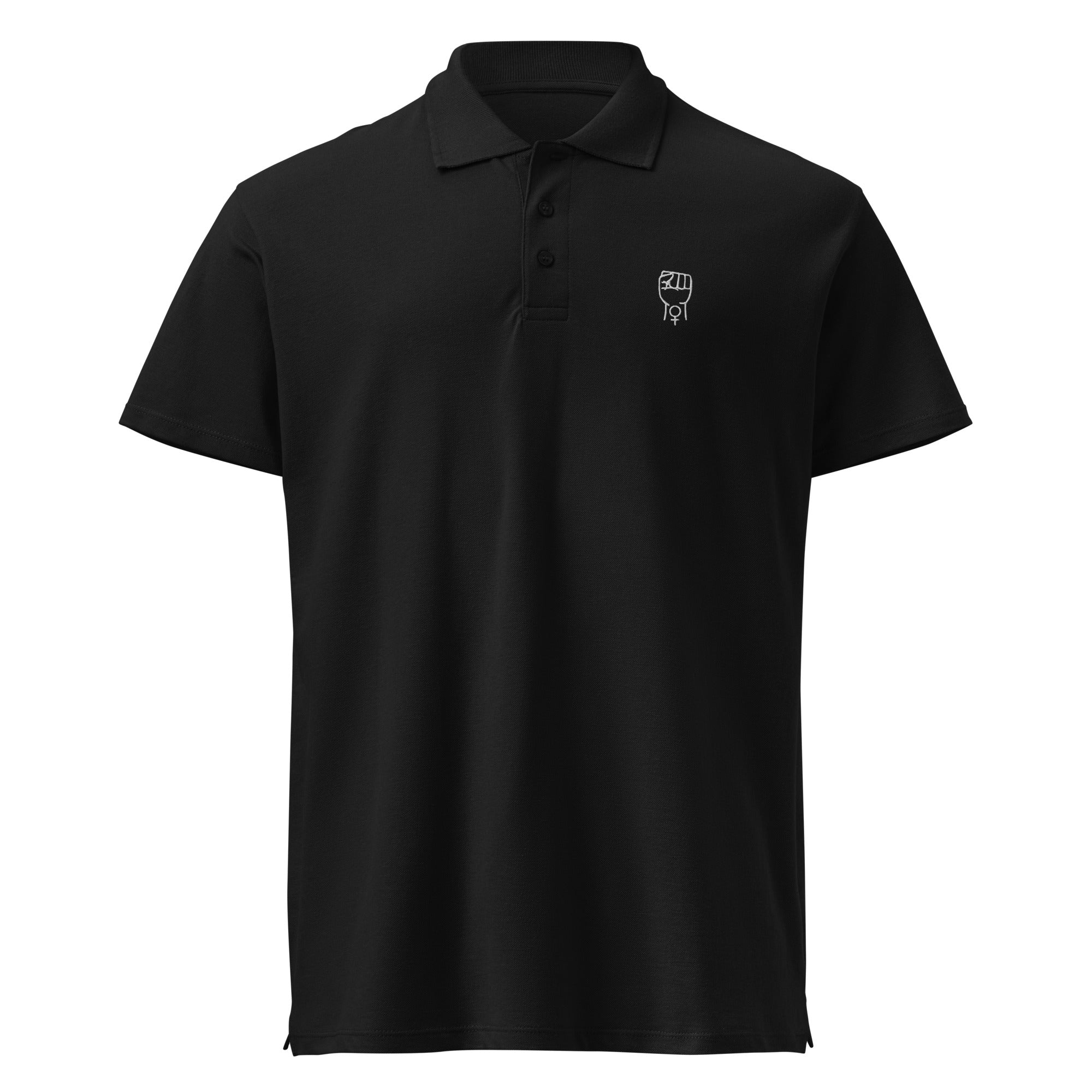 Black premium polo shirt with short sleeves, button placket, and small chest logo