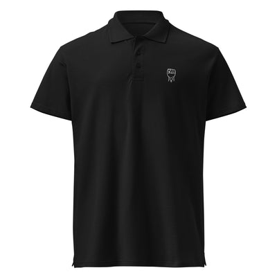 Black premium polo shirt with short sleeves, button placket, and small chest logo