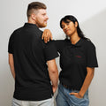 Black polo shirt on model pair, short sleeves and button placket with chest logo.