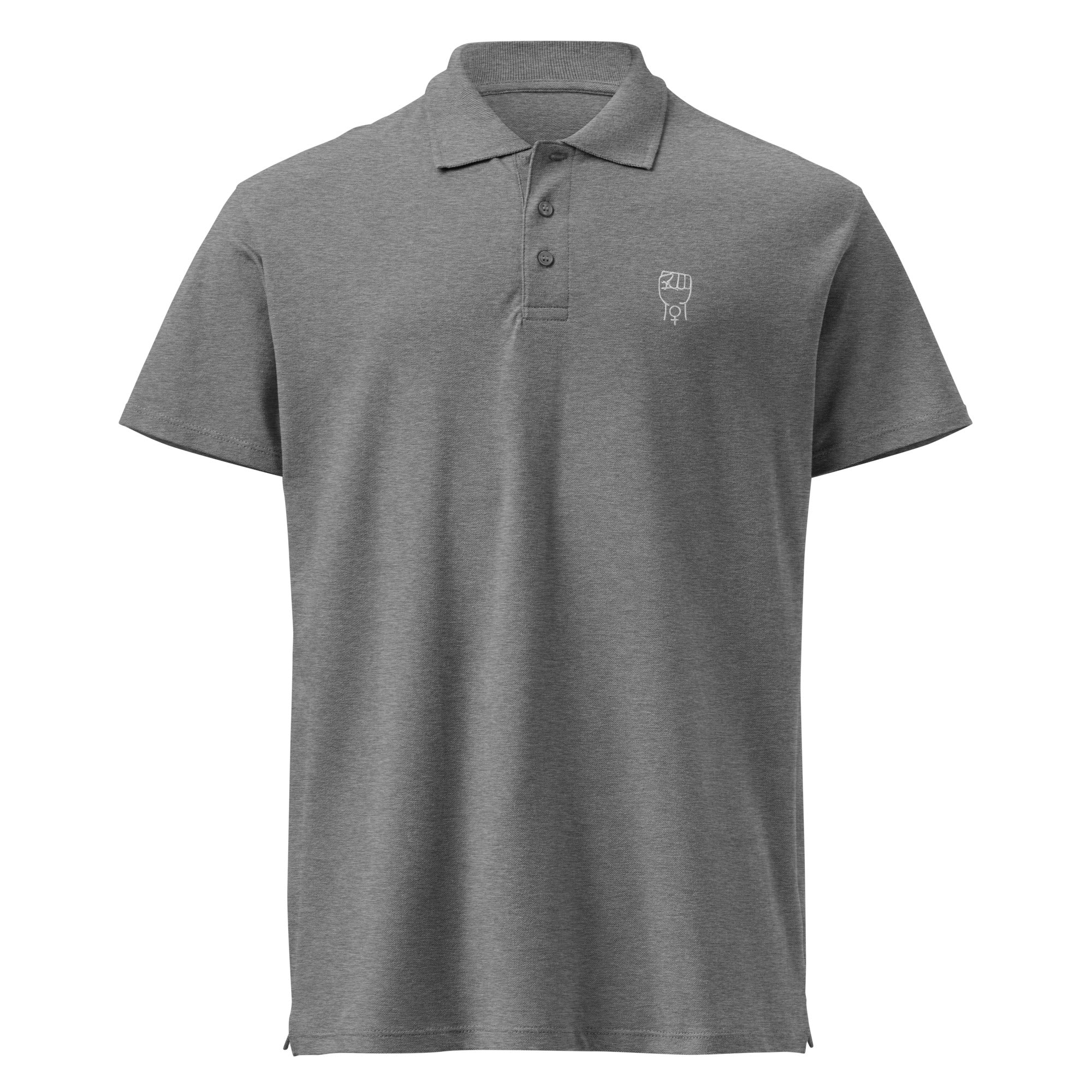 Gray melange premium polo shirt with short sleeves, button placket, and small chest logo