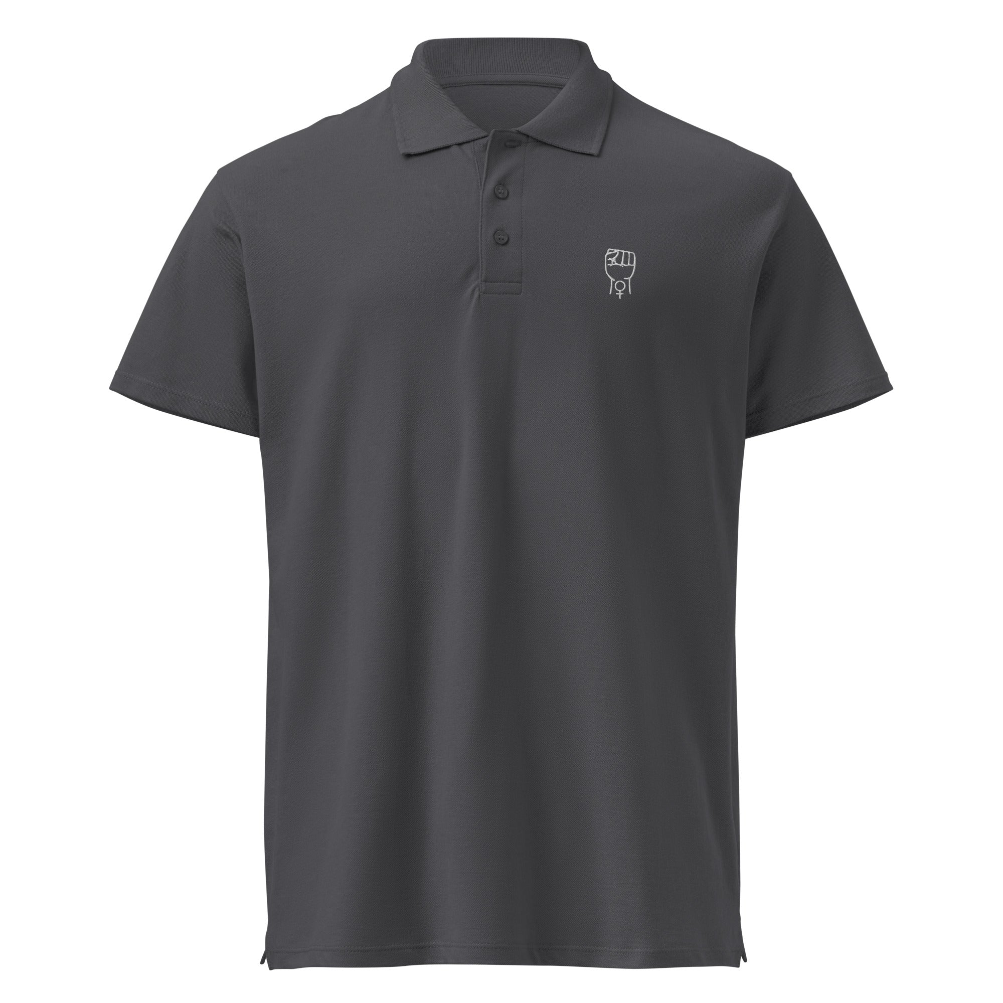 Dark gray premium polo shirt with short sleeves, button placket, and small chest logo