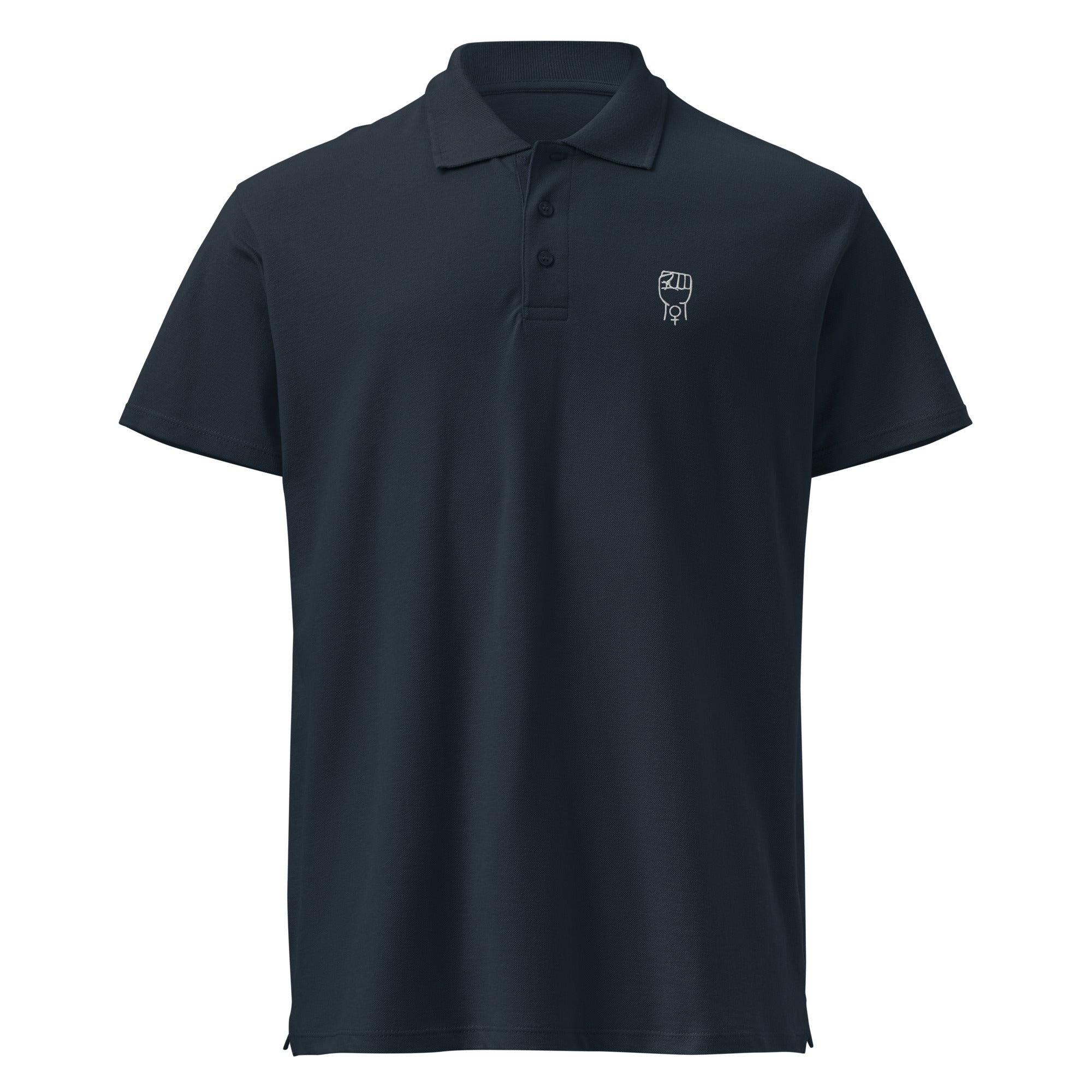 Navy premium polo shirt with short sleeves, button placket, and small chest logo
