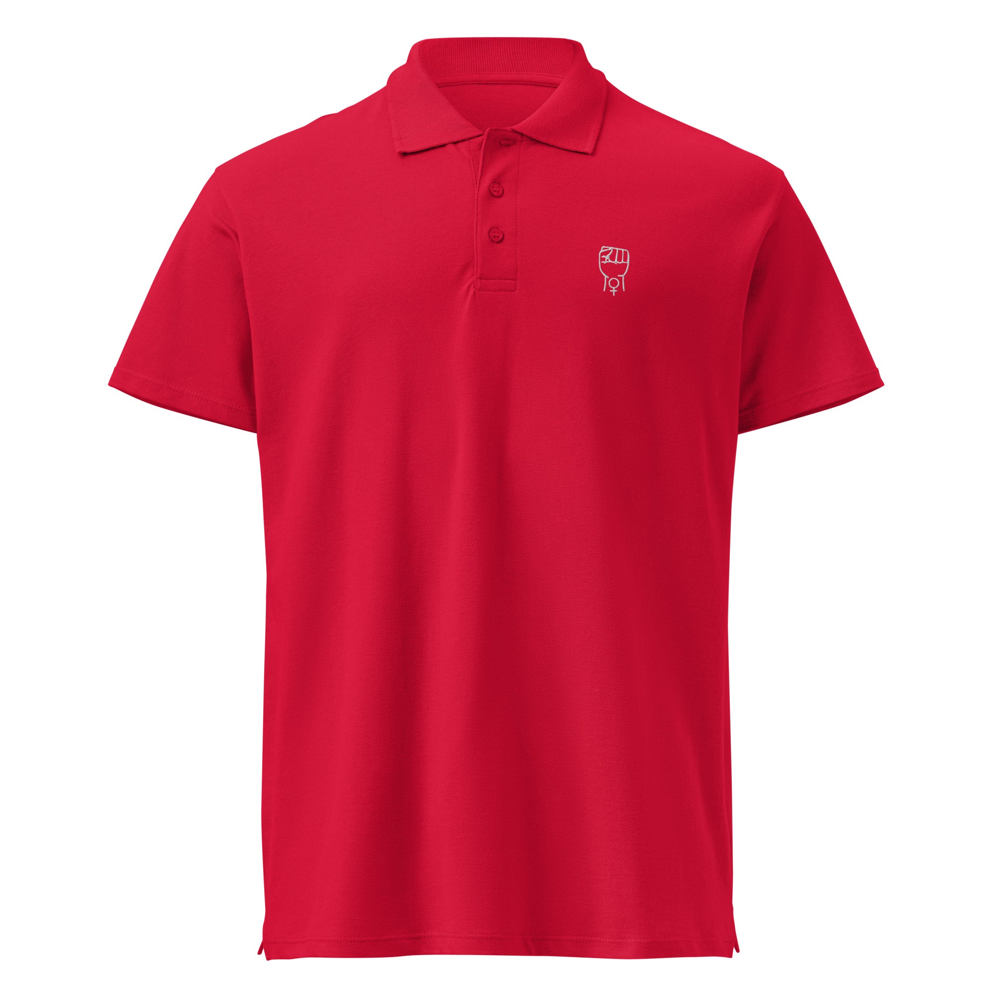 Red premium polo shirt with short sleeves, button placket, and small chest logo