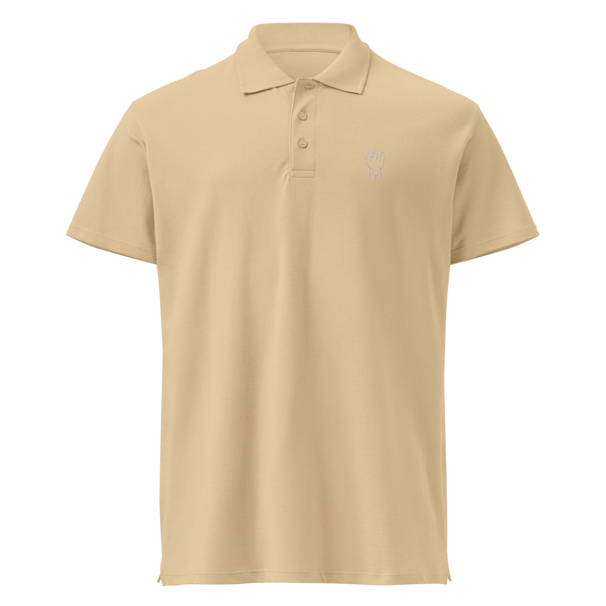 Sand premium polo shirt with short sleeves, button placket, and small chest logo