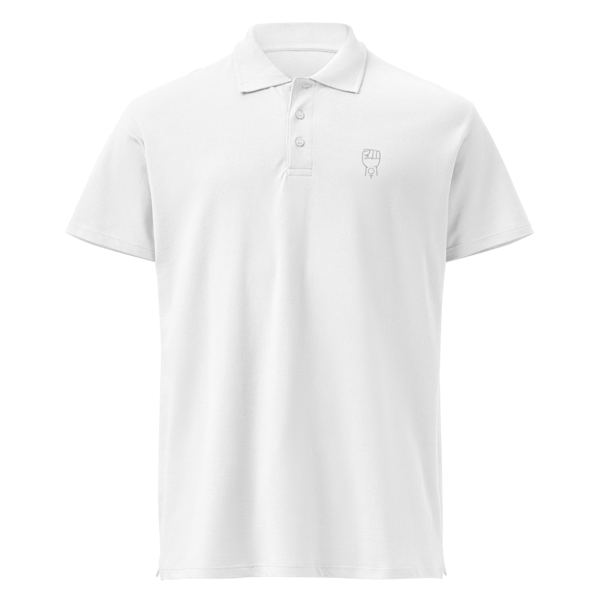 White premium polo shirt with short sleeves, button placket, and small chest logo