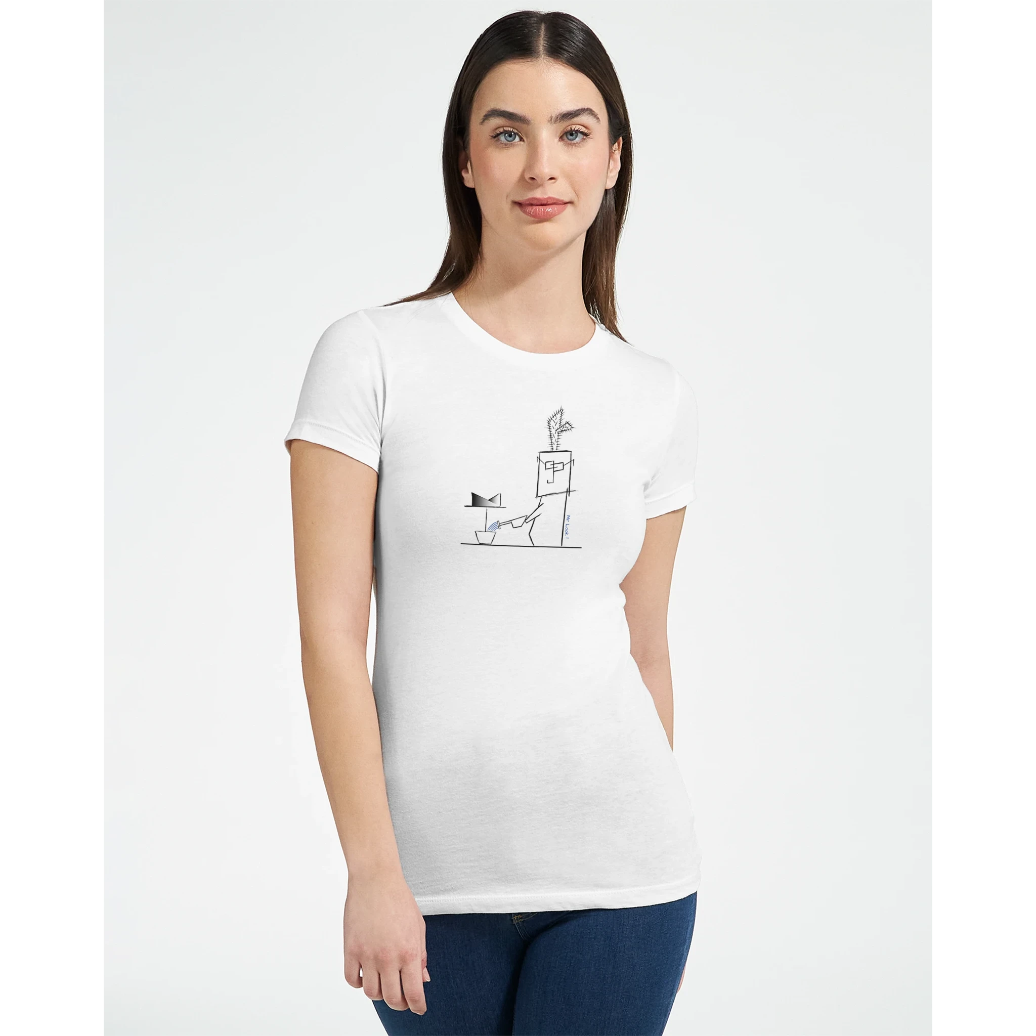 White women’s crewneck T-shirt with cactus graphic on front
