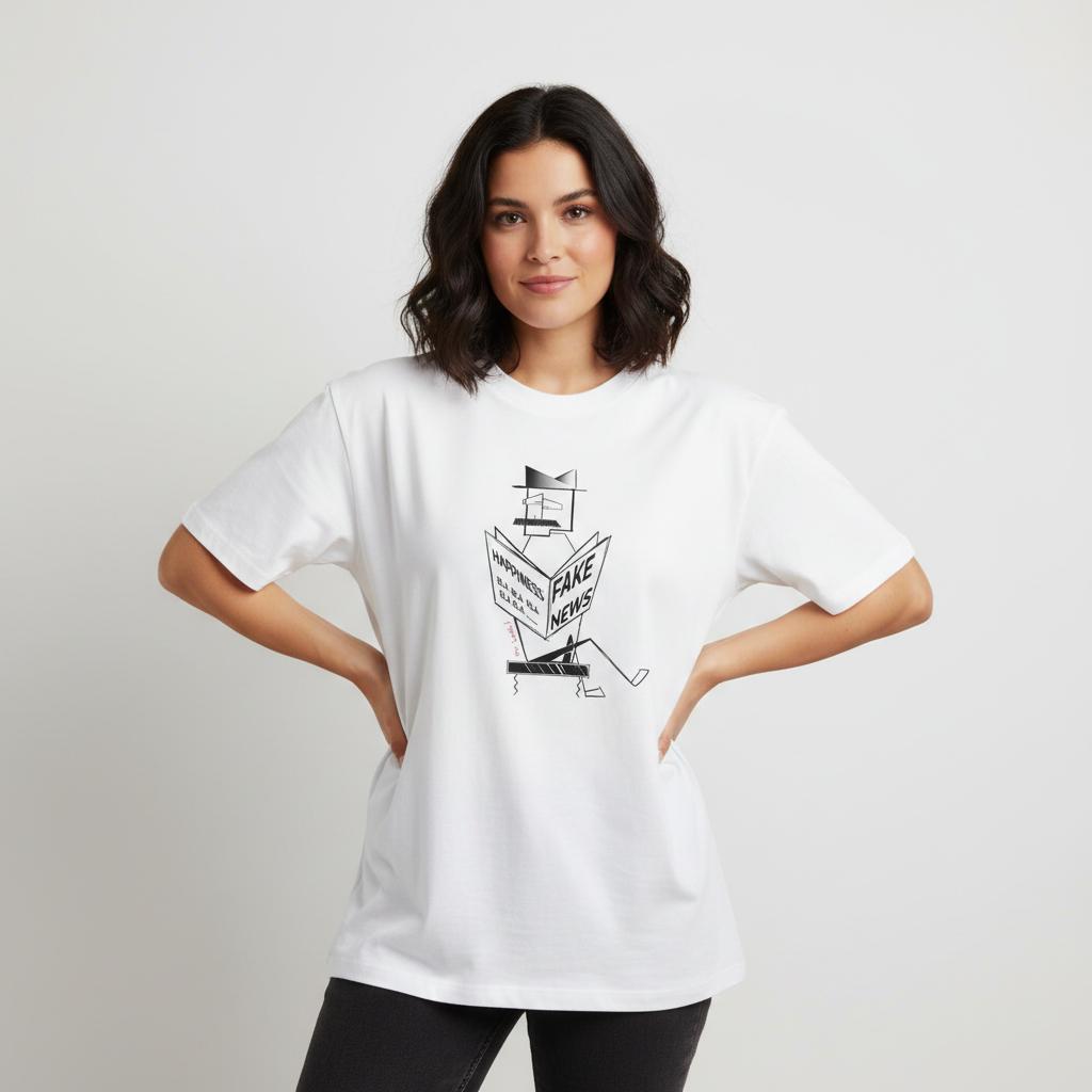 Model wearing women’s oversized organic cotton t-shirt with Mr. Look graphic by RenLook.